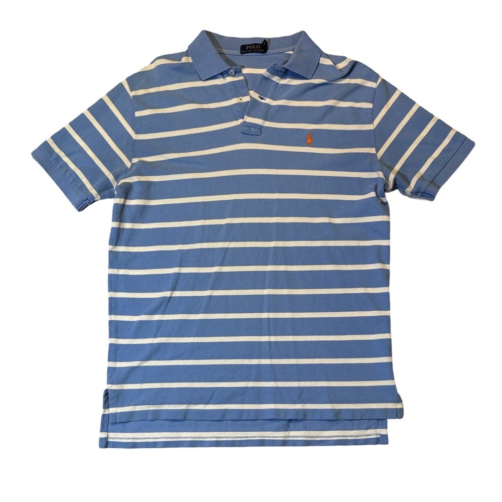 Polo Ralph Lauren mens L Large light blue stripe pique cotton polo shirt EUC